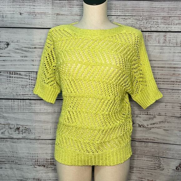 Chico's Size 1 Medium Open Knit Sweater Lime Green Half Sleeve Coastal Summer - Picture 1 of 9